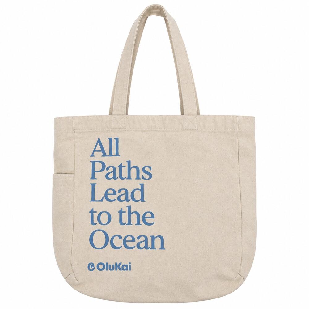 OluKai Canvas Tote Bag Unisex OS Beige All Paths Lead to the Ocean Graphic Beach